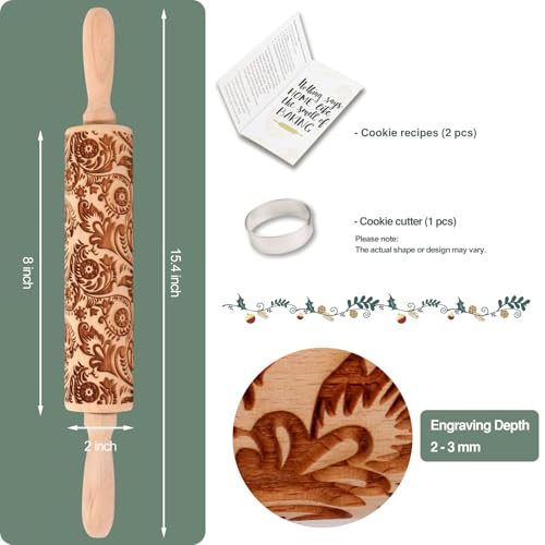 Christmas Embossed Rolling Pin for Baking Cookies Embossing Rolling Pins with Design Wooden Engraved Springerle Roller Pin Dough Snowflake Paisley Patterned Clay Pottery Ceramic Bakers (Floral Frost) - color: Floral Frost