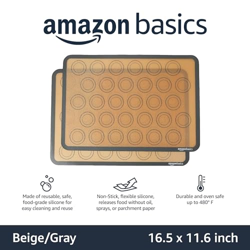 Amazon Basics Silicone Baking Mat for Macarons, Non-Stick, Food Safe, Reusable, Oven-Safe, 16.5" x 11.6", Beige/Gray, 2-Pack - size: 2-Pack, style: Macaron Mat