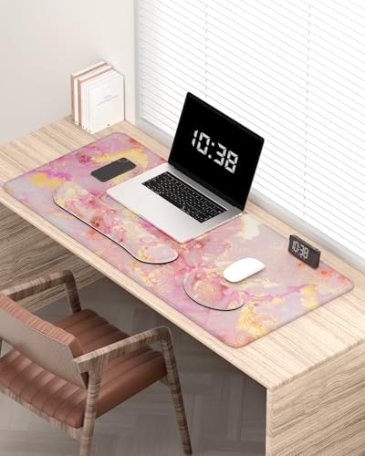 Large Mouse Pad with Wrist Rests for Keyboard & Mouse, Thick Soft Ergonomic Memory Foam Wrist Supports, Big & Long Desk Mat 35.5 x 15.7 in, for Office Gaming Computer, Pink Gold Marble - color: Pink Gold Marble