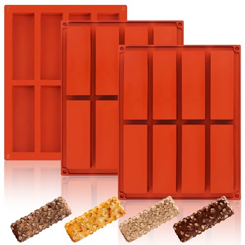 3Pcs Silicone Granola Bar Mold, 8-Cavity Rectangle Protein Bar Mold Silicone Baking Molds for Protein Bar, Non-stick Candy Chocolate Bar Mold for Chocolate Bars,Butter, Cereal, Energy Bars