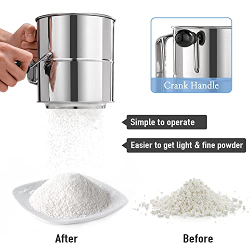 PIQUEBAR Flour Sifter - 5 Cup Fine Mesh Hand Crank Sifter Stainless Steel with Agitator Wire Loop for Baking, Powdered Sugar Duster Set - size: 5 Cup
