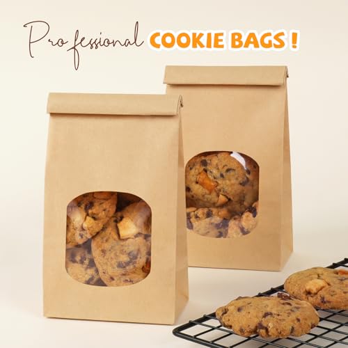 50 Pcs Bakery Bags with Window, Tin Tie Tab Cookie Bags, 3.9x2.3x8 Inches - color: Brown
