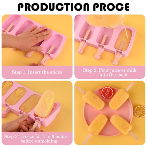 Sakolla 3 Pack Large Silicone Popsicle Molds with 150 Pcs Wooden Sticks - size: 3 Pcs Large - Pink