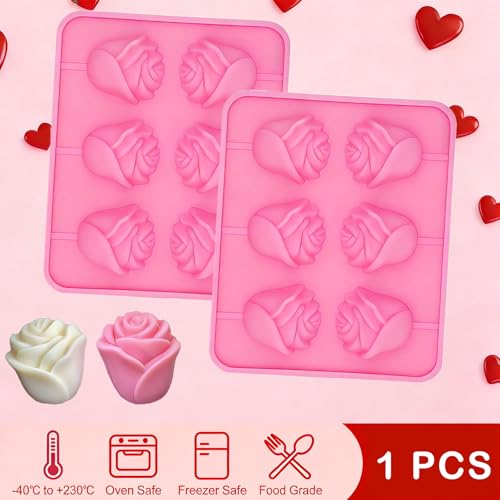 6-Cavity 3D Rose Lollipop Silicone Molds with Sticks Pink Chocolate Candy Molds for Valentine's Day Mother's Day Cupcake Decor Jelly Soap Making