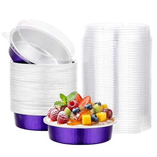 Beasea 4 Inch Pie Tins with Lids, 50 Pack 7.3 Oz Disposable Mini Tart Tins, Aluminum Foil Baking Tins Small Round Muffin Container Mini Cheesecake Cups for Pie Tart Quiche - Violet Purple - color: Violet Purple