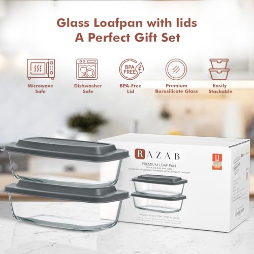 Razab (2 Pack Large 7.6 Cups / 1800 Ml / 1.9 Qt Glass Loaf Pans with Lids - color: Gray, size: Set of 02