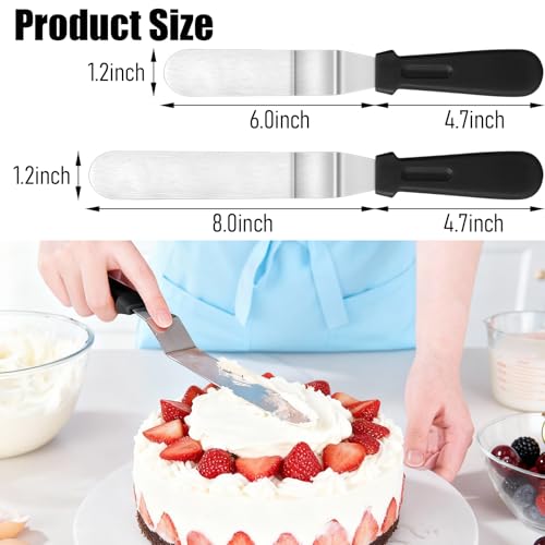 Bestac Stainless Steel Cake Spatula Set - 6&8 Inch Flanged Edge Angled Offset Non-Slip Handle 2-Piece Ideal for Cake Frosting/Decorating Home Baking & Bakery (Black)