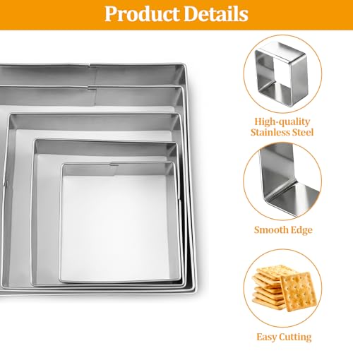 Square Cookie Cutter,5 PCS Stainless Steel Square Biscuit Molds,Pastry Molds Fondant Cake Cookie Cutter Set,Plaque Cookie Cutters - size: Square