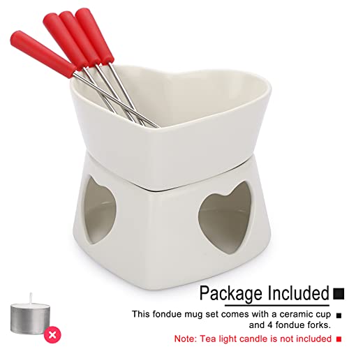 BSTKEY White Ceramic Butter Warmer Set, Heart Shaped Fondue Pot Melting Pot Set, Melt Hot Pot Bowl Set for Cheese Chocolate Butter Caramel, with 4 Forks - color: White