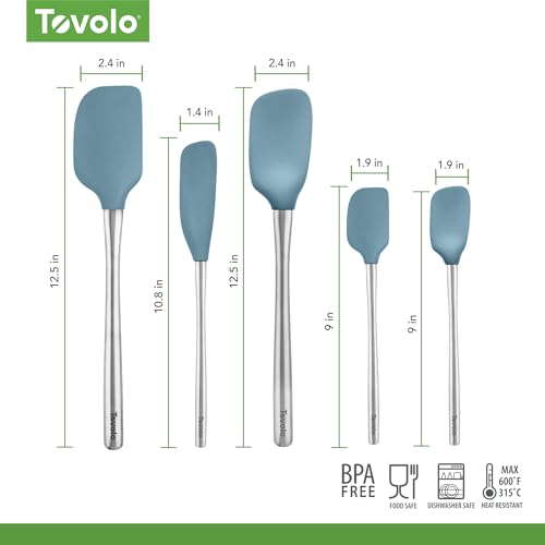 Tovolo Stainless Steel Handled Silicone Spatula Set of 5, Dishwasher Safe Kitchen Spatula Set for Cooking Baking, BPA Free Silicone Spatula set with Metal Steel Handle, Blue Slate - color: Blue Slate, style: Stainless Steel Handle