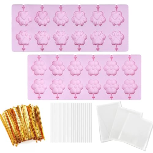 12 Cavities Flower Pink Silicone Lollipop Molds,Hard Candy Chocolate Sucker Mold with 20pcs Bags,20pcs Gold Ties - color: C