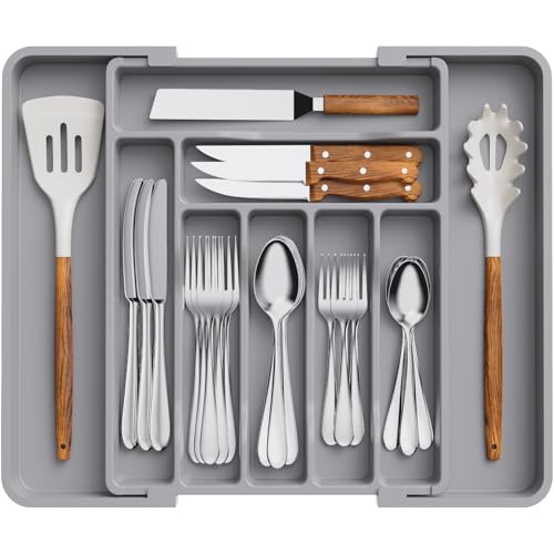 Lifewit Expandable Silverware Drawer Organizer, Kitchen Utensil Tray - color: Gray, size: Large Deep（11.8-19.6'W x 15''D）