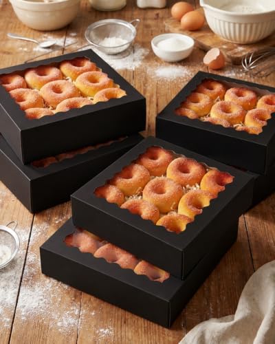 qiqee 8x8x2.5 Inch Black Pastry Box With Window Donut Pie Boxes 12pcs Bakery Box (Auto-pop Up) - color: 12Packs, Black