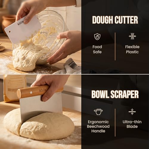 Kook Banneton Bread Proofing Set, Artisan Sourdough Bread Making Kit with Round & Oval Rattan Baskets, Liners, Dough Scrapers, Scoring Lame + Blades, Brush & Dough Cover (Set of 2) - color: Oval & Round Deluxe Set
