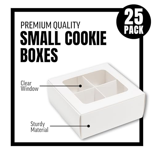 25 pcs White Mini Cookie Boxes with 4 treats Windows and Dividers, Bakery Boxes, 6 x 6 x 2.4 Inches SMALL Baking Boxes, Square Cookies Box Decorating Supplies for Gift Giving - color: White