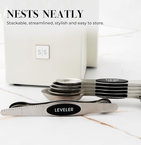 Styled Settings Stainless Steel Magnetic Measuring Spoons Set with Leveler - color: Black & Silver