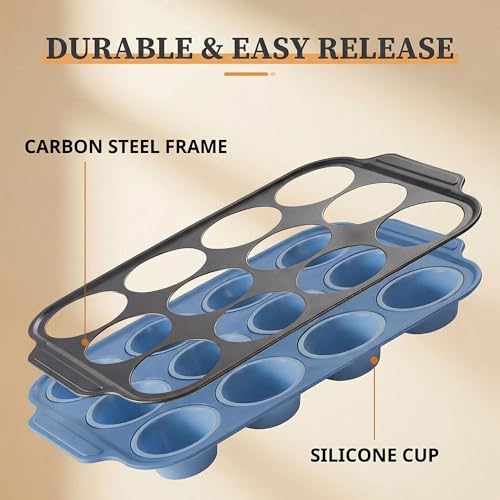 Rigid-Frame Silicone Muffin Pan for Baking,No-Spill Easy-Transfer Design,Reinforced Steel Frame, Non-Stick & Dishwasher Safe,12-Cup Regular Size Muffin & Cupcake Pan Bakeware for Oven (Blue 1pcs) - size: 1pcs