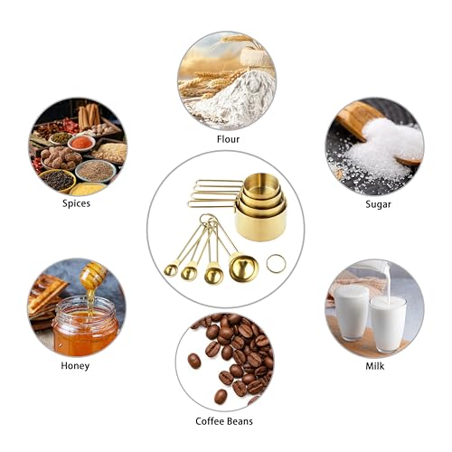 Measuring Cups and Spoons Set, Kaloo 8PCS Stainless Steel Metal Measuring Cups, Gold Finish, Ideal for Cooking and Baking