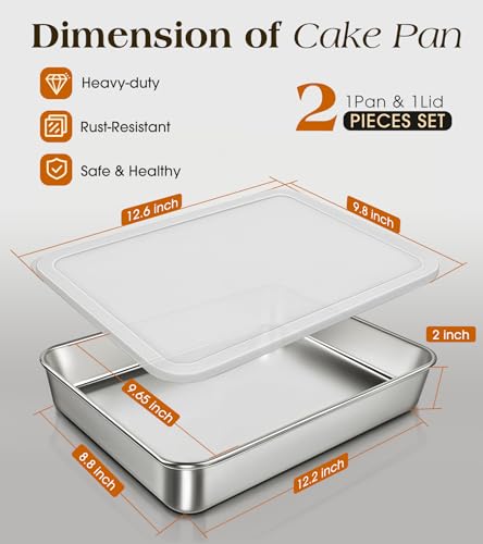 304 Stainless Steel Baking Pan with Lid, 12⅓ x 9¾ x 2 Inch Rectangle Sheet Cake Pans with Covers, Commercial Grade Bakeware for Cakes Brownies Casseroles, Non-toxic & Heavy Duty & Dishwasher Safe - size: 12.4" x 9.6"（1Pan+1Lid）
