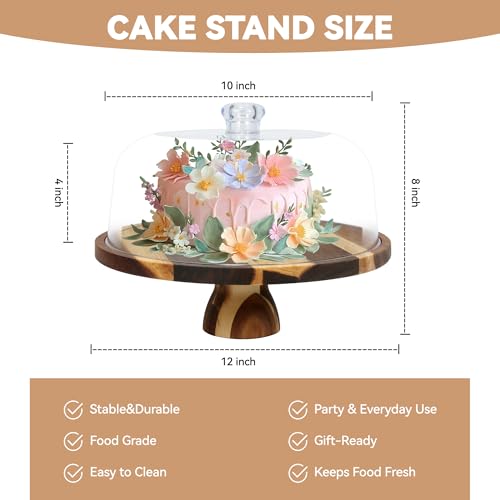 Acacia Wood Cake Stand with Lid – 12" Round Cake Holder & Dessert Stand, 2-in-1 Charcuterie Board & Serving Platter for Cheese, Fruit – Acrylic Dome, Wedding Party Centerpiece