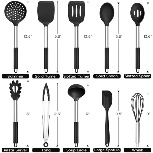 Onader Silicone Kitchen Utensils Set of 10, Cooking Utensils with Holder and Heat Resistant Stainless Steel Handle for Nonstick Cookware - Black - color: Black