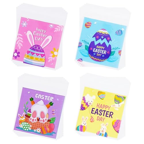 Jagrove 100PCS Cellophane Bags 4X4 Inch Clear Self Sealing Goodie Candy Cookie Snack Treat Bags for Easter Party Supplies Bakery - color: Bunny Print B, size: 100 Count (Pack of 1)