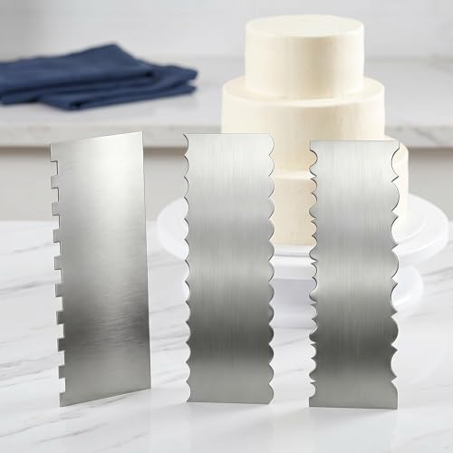3 Pack Stainless Steel Cake Scraper Set, 8.66 Inch Double-Sided Pattern Edge Cake Decorating Combs for Buttercream, Frosting, Mousse and Baking Projects