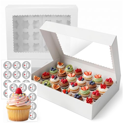 10 Pack Mini Cupcake Box with Window, Cupcake Boxes 24 Count, 15x11x4.6 Inch White Bakery Boxes for 24 Mini Cupcakes, Disposable Cupcakes Containers for Birthday Party Desserts
