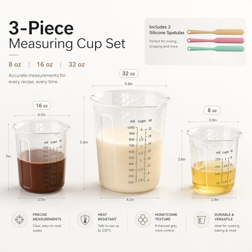 Palksky Silicone Measuring Cups Set (1-Cup & 2-Cup & 4-Cup) with Jar Spatula, Microwave Safe, Honeycomb Heat-Control Grip, Easy-Read Liquid Measuring for Baking, Cooking & Chocolate Melting - size: 1000ml*1+500ml*1+250ml*1+Jar Spatulas*3