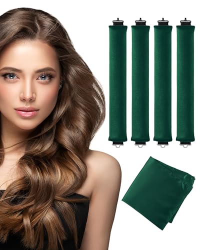 Seritant Heatless Curls Overnight with Satin Head Scarf, Velvet Hair Rollers for Blowout Look, No Heat Curling Rod for Long Thick Hair, Soft Sleep In Flexi Rods - color: Everglade Green