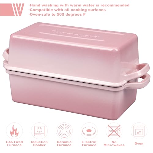 VORRINGARD Enameled Cast Iron Loaf Pan with Lid, Double Bread pan, Bread Dutch Oven for Sourdough Bread Baking, Cake, Meatloaf, 10X5.5 inch, 4 Quart, Pink - color: Pink