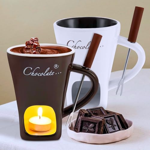 Chocolate Melting Mug Cheese Candy Mini Fondue Pot With Forks (Brown) - color: Brown