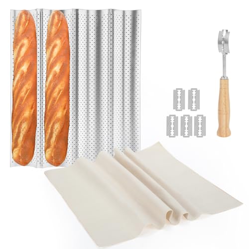 15 Inch Baguette Bread Pan Kit, 4-Slot Nonstick French Baking Tray - color: Silver