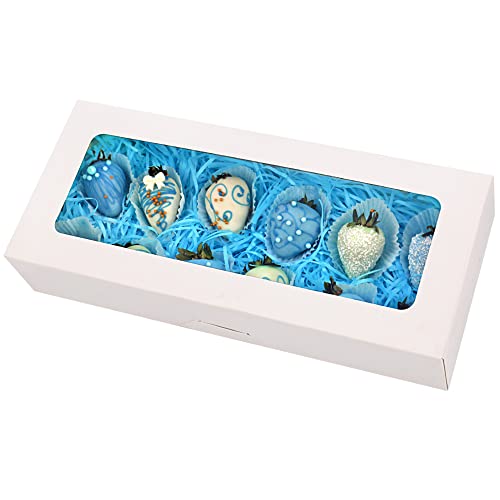 RIFMEAE 24-Pack 14" x 6" x 2.5" Cookie Boxes with Window, Strawberry Boxes, Auto-Popup Bakery Boxes, White Treat Boxes for Strawberries, Cookies, Muffins and Pastries
