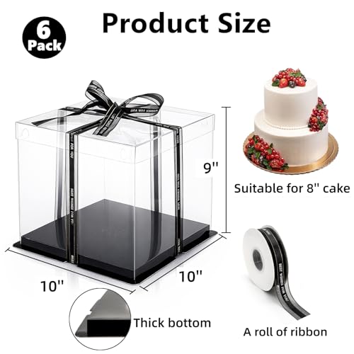 Cididu 6 Pack Clear Cake Box with Ribbon, 2-Layer Tall Cake Carrier Box, Packaging Boxes 10x10x9 Inch, PET Clear Gift Box with Lid, Transparent Cake Containers for Mother's Day Birthday Party Wedding