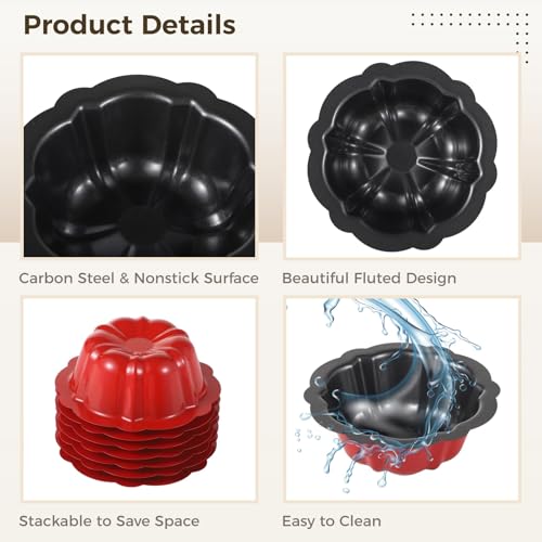 Homaisson 10PCS Mini Fluted Tube Pan, 4.5Inch Carbon Steel Mini Cake Molds, Nonstick Reusable Oven Baking Mold for Cupcake, Bread, Bavarois, Brownie (red) - color: 10+red