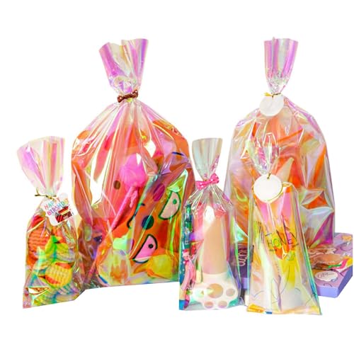 50 Pack Clear Iridescent Cellophane Treat Bags with Twist Ties - size: 8x14 inch