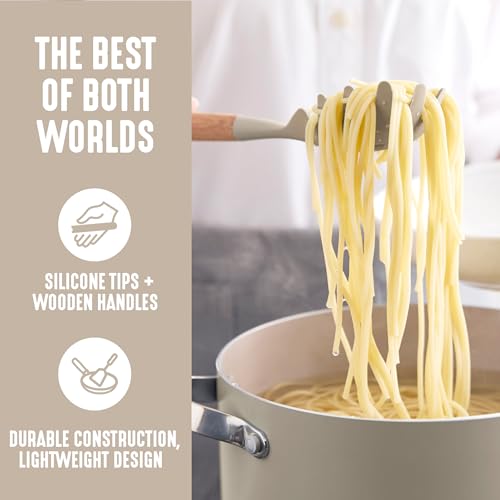 GreenLife 11 Piece Silicone Utensil Crock Set, Nonstick Kitchen Tools, Ladle, Turner, Slotted Turner, Spatula, Spoon, Spaghetti Server, Brush, Whisk, Tongs, Crock, Taupe - color: Taupe