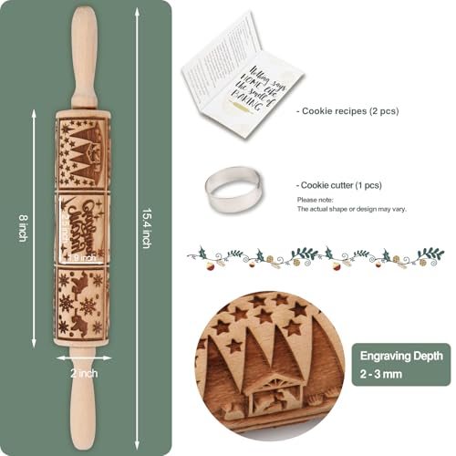 Christmas Embossed Rolling Pin for Baking Cookies Embossing Rolling Pins with Design Wooden Engraved Springerle Roller Pin Dough Patterned Clay Pottery Ceramic Bakers Women (Nativity Patterns) - color: Nativity