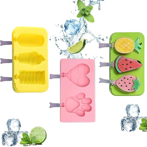 3PCS Fruit Popsicle Molds, Cute Silicone Kids Ice Cream Molds - color: Yellow/Pink/Green