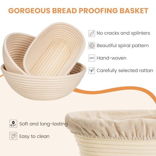 Kikcoin 9" & 10" & 10" Banneton Bread Proofing Basket Set, Round & Oval Banneton Basket for Sourdough Baking, Baking Supplies with Linen Liner, Bread Lame & Dough Scraper, Sourdough Proofing Tools - size: 9" Round & 10" Round & 10" Oval