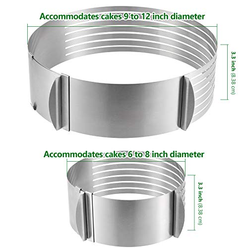 HAKZEON 2 Pack Cake Ring Set, Adjustable Stainless Steel Mousse Cake Rings, Round Molds Cookie Cutter Leveler 7 Layer 6-12 inch for Kitchen Restaurant Mousse DIY
