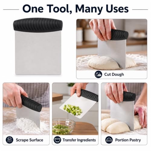 Heavy Duty Stainless Steel Dough Scraper & Bench Scraper – Multipurpose Metal Baking Tool with Measuring Scale, Random Color Handle