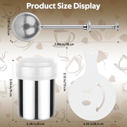 2 Pack Powdered Sugar Shaker Duster, Stainless Steel Cinnamon Sugar Shaker & Flour Duster Set, Spring Flour Sifter with 16Pcs Coffee Stencils for Baking, Coffee