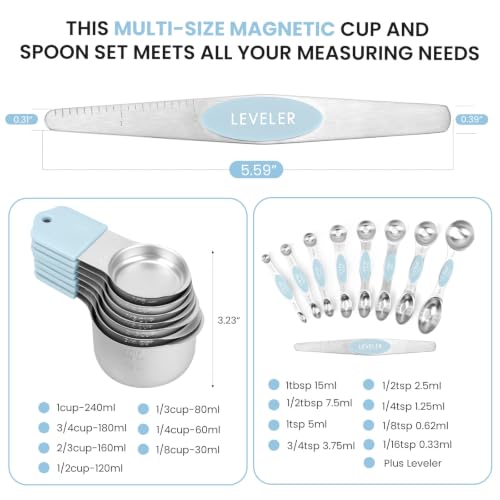 Magnetic Measuring Cups and Spoons Set-Heavy Duty 304 Stainless Steel - color: GLACIER BLUE