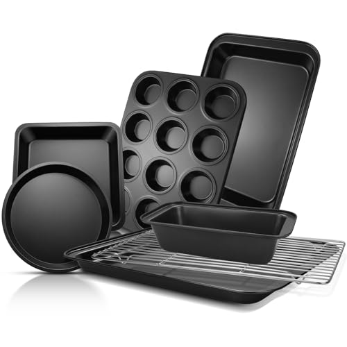 EWFEN Bakeware Sets, Baking Pans Set, Nonstick Oven Pan for Kitchen with Wider Grips, 7-Piece with Round/Square Cake Pan, Loaf Pan, Muffin Pan, Cookie Sheet, Roast Pan, Cooling Rack, Carbon Steel Bake
