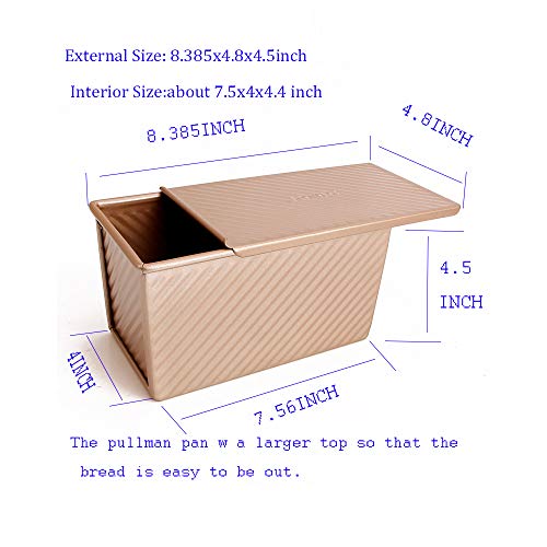 monfish Pullman Loaf Pan w Cover Bread Toast Mold corrugated loaf Pan w lid 1lb dough Alluminumed Steel Non Stick Gold (8.5X4.75X4.375INCH) - size: 8.35x4.8x4.5 inch