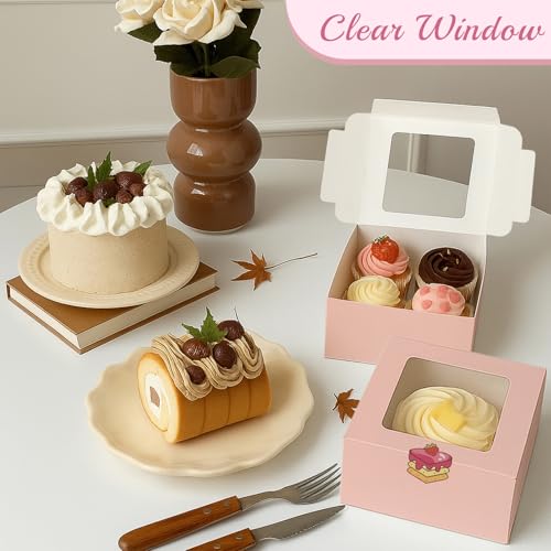 OAMCEG Cupcake Boxes with Window, 6x6x3 Inches Cookie Boxes,50 Pack,Pink - color: pink-stickers-50pcs