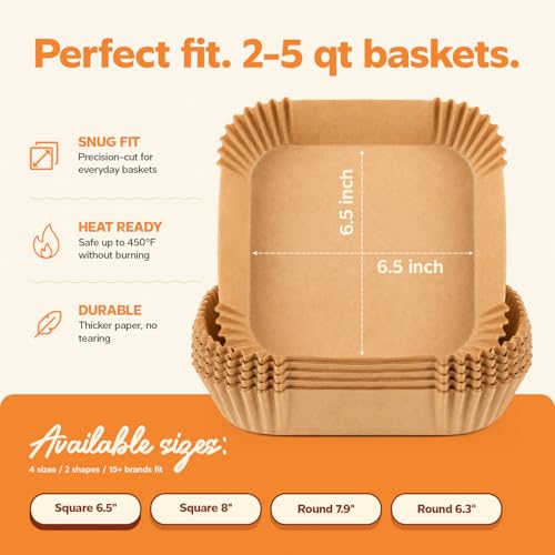 GUSTO 6.5 Inch Square Air Fryer Liners Disposable [125 Count] Fits 2-5 QT - size: 6.5 Inch
