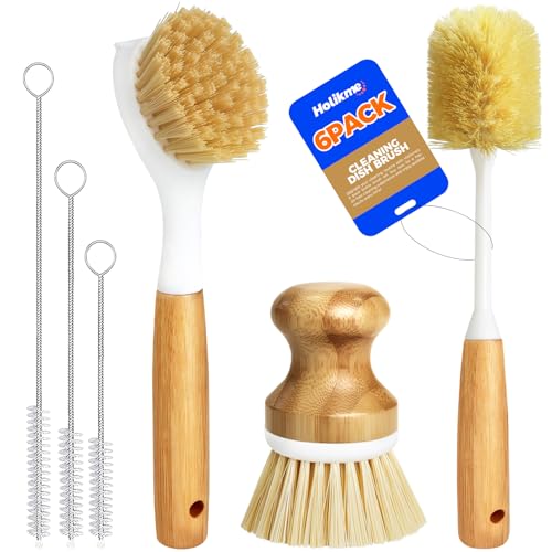 Holikme 6 Pack Dish Brush with Bottle Brush Scrub Brush Straw,Amarillo - color: Amarillo